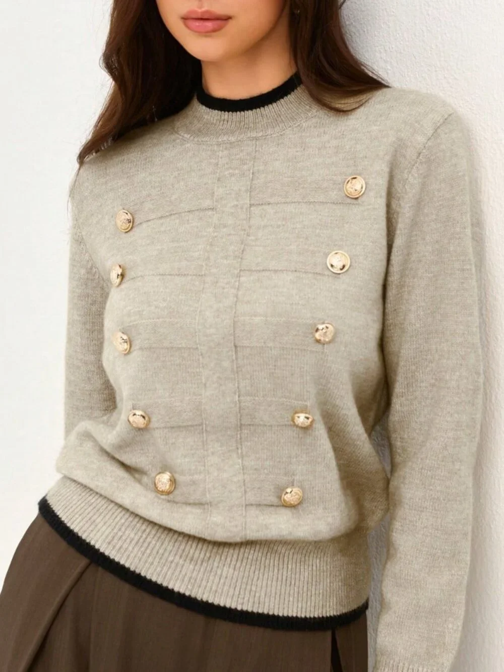 Khaki Casual Women's Contrast Trim Half-High Neck Gold Button Knit Sweater